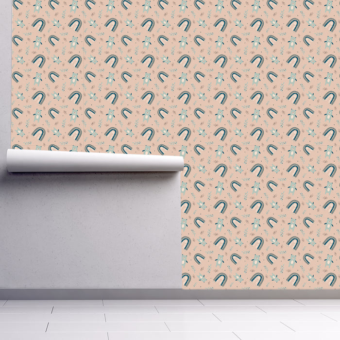 Teddy and Rainbow beige background and soft blue teddy bears, Custom Wallpaper Design