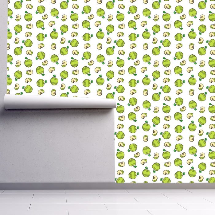 An Apple a Day with green apples on white background, Custom Wallpaper Design