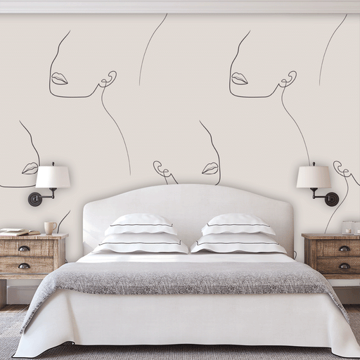 Delicate Faces mural with large illustrated faces in black and white, Custom Wallpaper Design