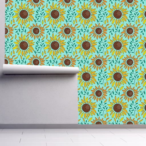 Golden Sunflowers wallpaper orange and yellow sunflowers turquoise background, Custom Wallpaper Design