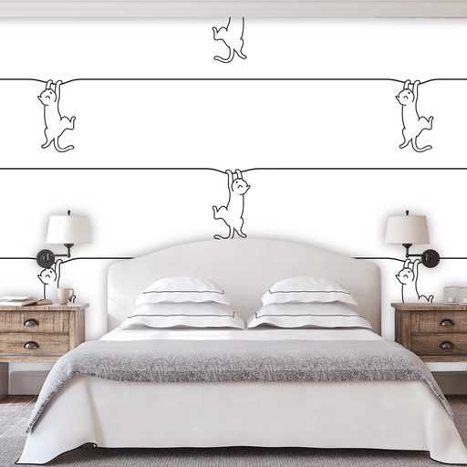 Cats "Hanging" Out mural with illustrated cats hanging on lines in black and white, Custom Wallpaper Design