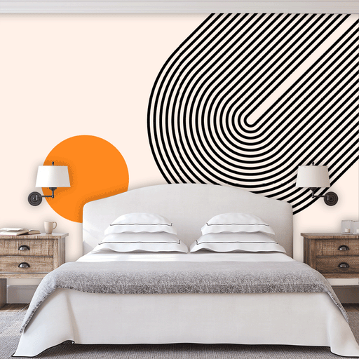 Abstract Sun mural with orange ball and black circular lines with cream background, Custom Wallpaper Design