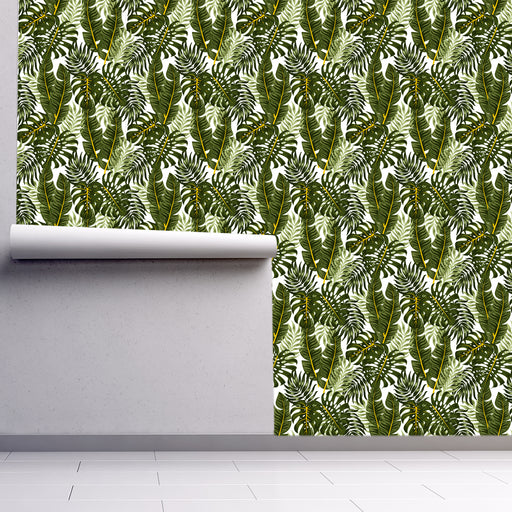 Palm Leaf Paradise, Green with Yellow Accent, Custom Wallpaper Design