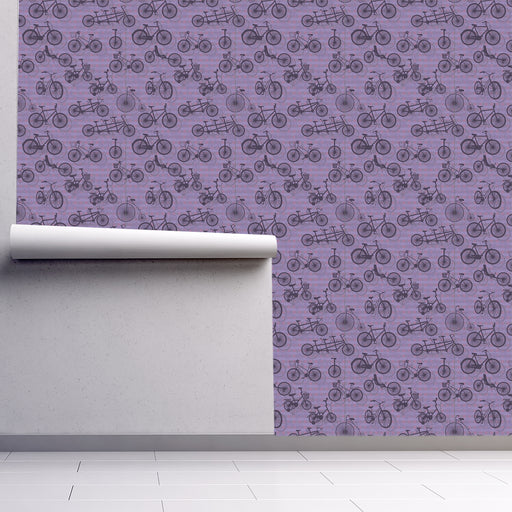 Tour de Wallpaper, bicycle print wallpaper, purple and charcoal, Custom Wallpaper Design