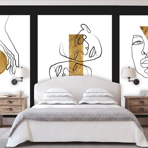 Mosaic Faces mural with illustrated faces and gold accent design on white background, Custom Wallpaper Design