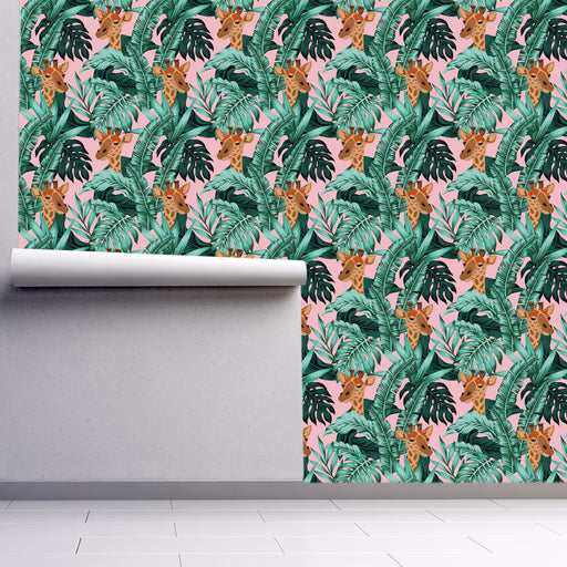 Giraffe Paradise, Multiple Giraffe Heads and Green Palm Leaves, Custom Wallpaper Design