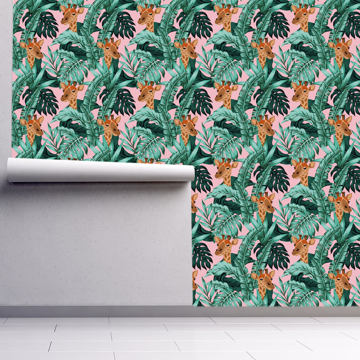 Giraffe Paradise, Multiple Giraffe Heads and Green Palm Leaves, Custom Wallpaper Design