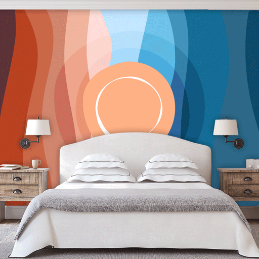 Celestial Charm mural with colorful design of orange circles and blue and orange waves, Custom Wallpaper Design