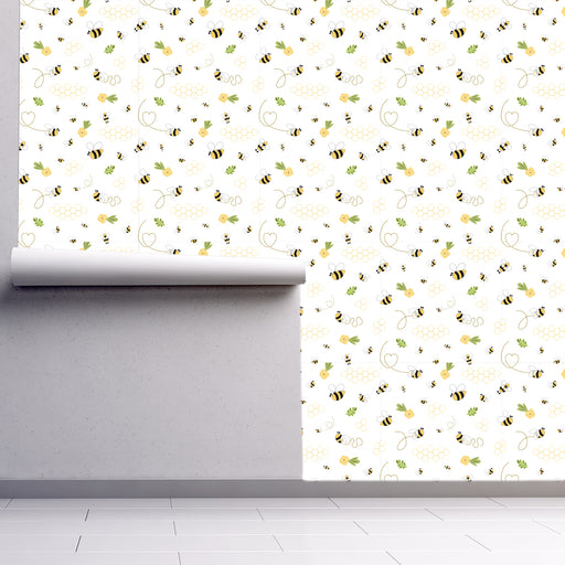 Buzzing Bumble Bees, Yellow and Black Bees, Cream Background, Custom Wallpaper Design