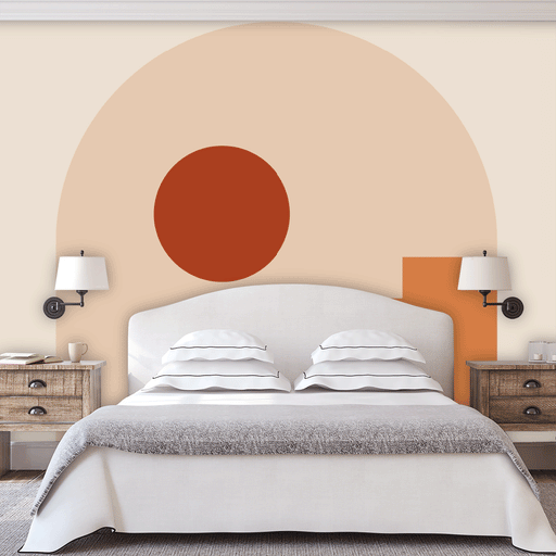 Sun Shine mural with large red/orange circle on top of a tan arch, Custom Wallpaper Design