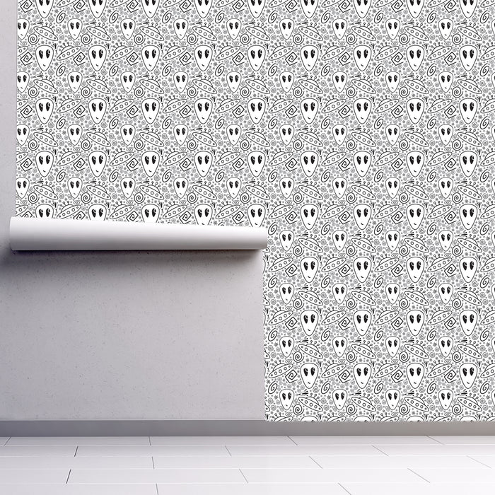 Out of this world, Alien Heads and Spaceships, Black and Cream, Custom Wallpaper Design