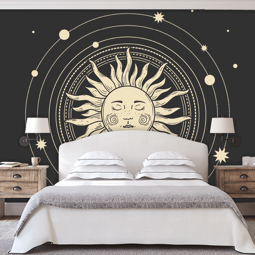 Solar Embrace mural of a illustrated cream color sun with face and solar system on black background, Custom Wallpaper Design