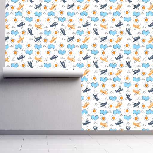 Playful Plane, Orange and Blue Airplanes, Sun and Clouds on a Cream Background, Custom Wallpaper Design