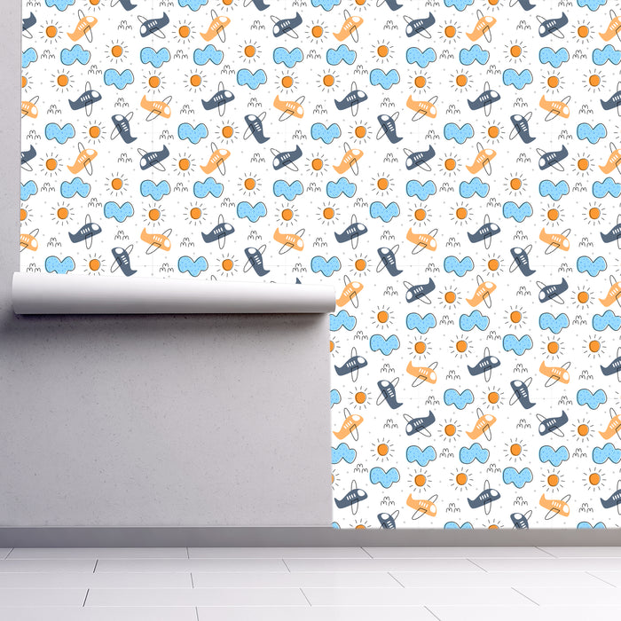 Playful Plane, Orange and Blue Airplanes, Sun and Clouds on a Cream Background, Custom Wallpaper Design