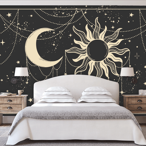 Daylight Dance mural moon, sun and stars illustrated in cream on a black background, Custom Wallpaper Design