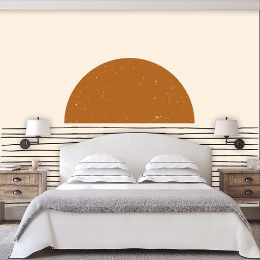 Sunset Dreams mural of a orange sun setting on cream background with black horizon lines, Custom Wallpaper Design