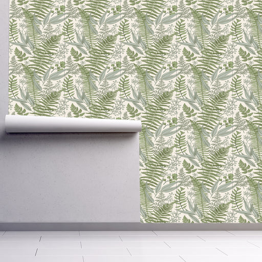 Botanical Fusion green ferns and leaf wallpaper, Custom Wallpaper Designs