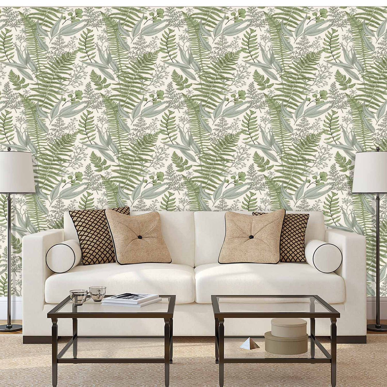 Custom Wallpaper Design, example of fern wallpaper behind a sofa