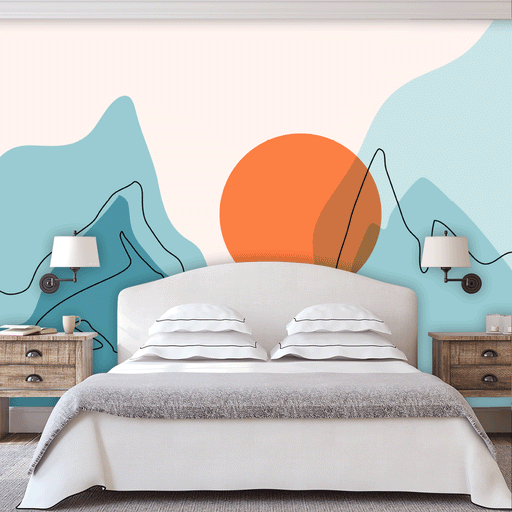 Mountain Sunshine mural illustrated with orange sun and blue mountains, Custom Wallpaper Design