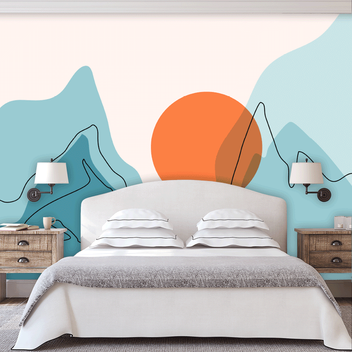 Mountain Sunshine mural illustrated with orange sun and blue mountains, Custom Wallpaper Design