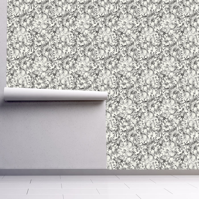 Floral Harmony black and white illustrated wallpaper, Custom Wallpaper Design