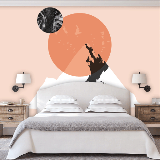 Mountain, Moon, Sun mural illustrated moon, sun and mountain on cream background, Custom Wallpaper Design