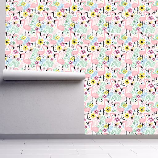 Flamingo and Ferns, Pink Flamingos, Green and Blue Ferns, Pink and Yellow Flowers, Custom Wallpaper Design
