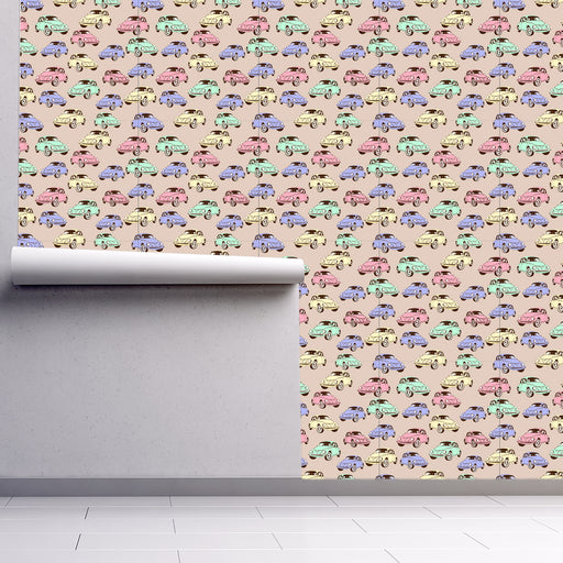 Neon Beetles wallpaper with purple, green yellow and pink VW Bugs, Custom Wallpaper Design