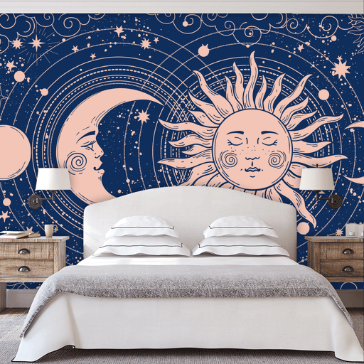 Sun-Moon-Serenade mural with pale pink moon, sun and solar design on navy background, Custom Wallpaper Design