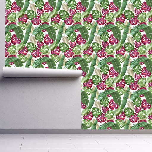 Fern Haven wallpaper, green and burgundy tropical ferns, Custom Wallpaper Design