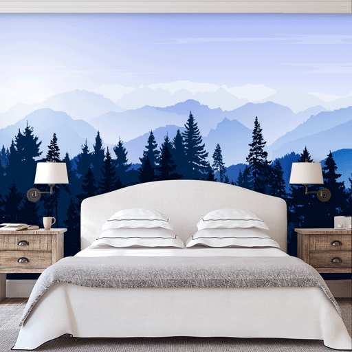 Enchanted Forest mural with blue trees and mountain landscape, Custom Wallpaper Design