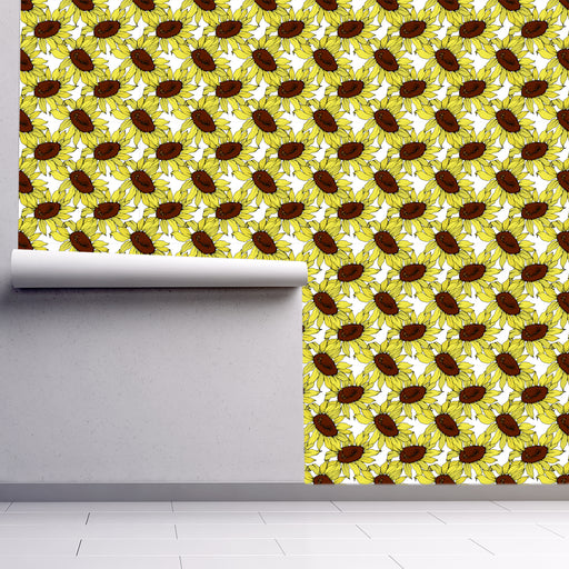 Golden Radiance wallpaper with large yellow sunflowers on white background, Custom Wallpaper Design