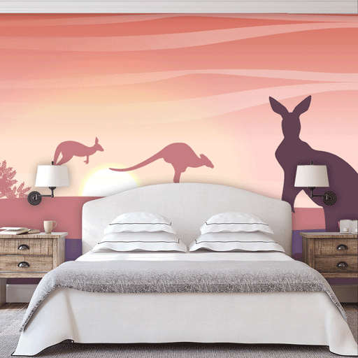Kangaroo Landscape mural of kangaroos jumping in the coral and yellow sunset, Custom Wallpaper Design