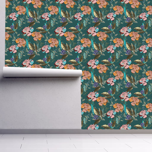 Natures Dance of Colors wallpaper with large pink flowers and blue berries, Custom Wallpaper Design
