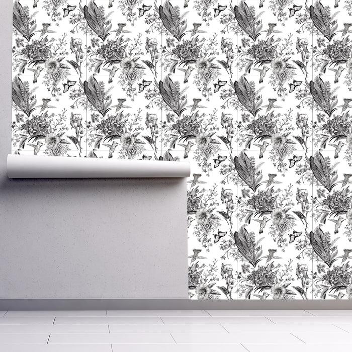 Birds of Paradise, Black and White Illustrated Wallpaper, Custom Wallpaper Design