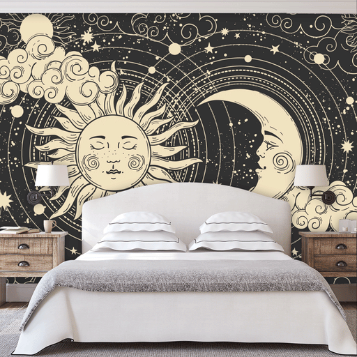 Sun-moon-Serenade mural cream and black illustrated sun, moon and solar, Custom Wallpaper Design
