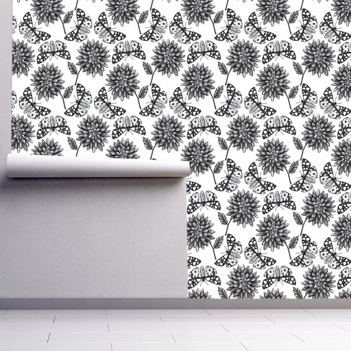 Midnight Moth wallpaper with illustrated spotted moths and flowers, Custom Wallpaper Design