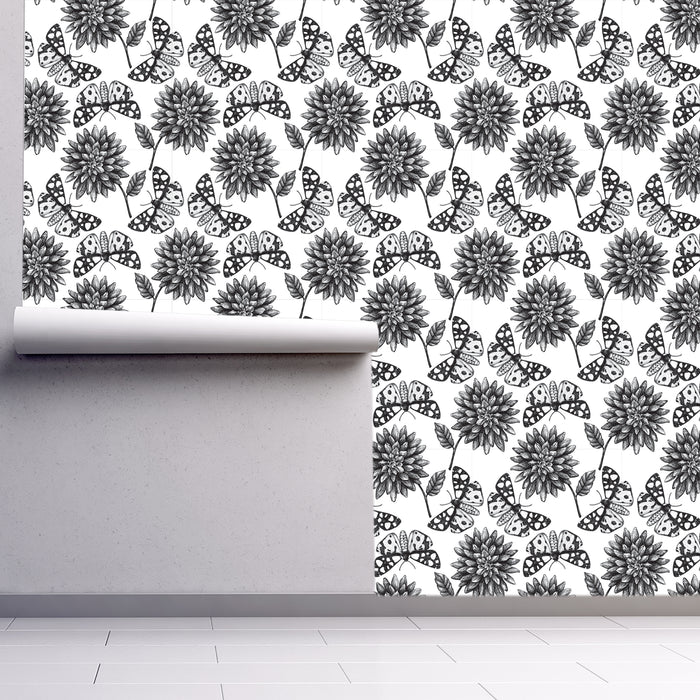 Midnight Moth wallpaper with illustrated spotted moths and flowers, Custom Wallpaper Design