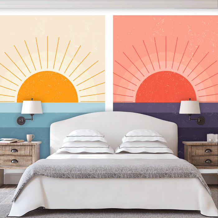 Ocean set mural of 2 suns in orange and red setting over the ocean, Custom Wallpaper Design