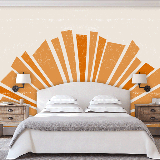 Sun Rays mural with weathered orange sun rays on cream background, Custom Wallpaper Design