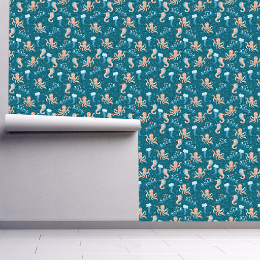 Under the Sea, Teal Water, Peach Octopus and Seahorses, Custom Wallpaper Design