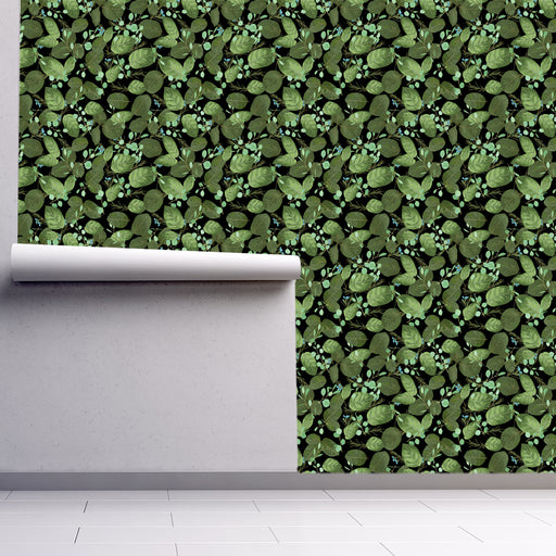 Eucalyptus leaf wallpaper with green leaves on a black background, Custom Wallpaper Design