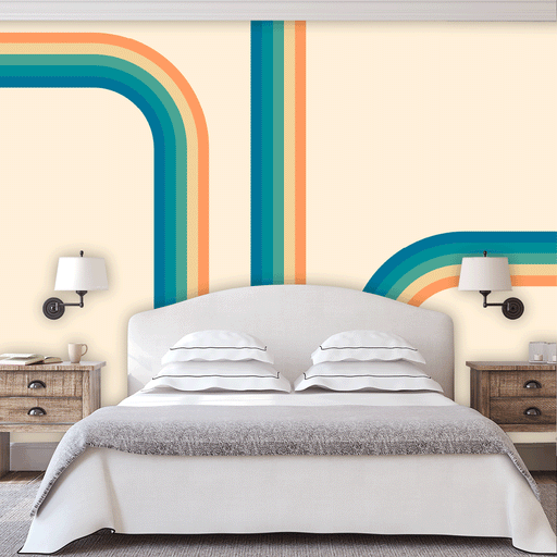 Retro stripes mural with blue, green and orange, Custom Wallpaper Design