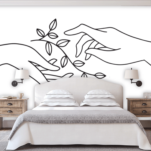 Extend an olive branch mural an illustration of 2 hands and an olive branch on white background, Custom Wallpaper Design