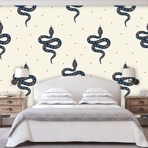 Stylish Serpents mural with black aztec designed snakes on cream background, Custom Wallpaper Design