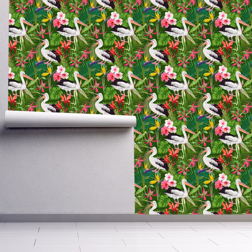 Exotic Aviary wallpaper with black and white pelicans with tropical flowers and ferns, Custom Wallpaper Design