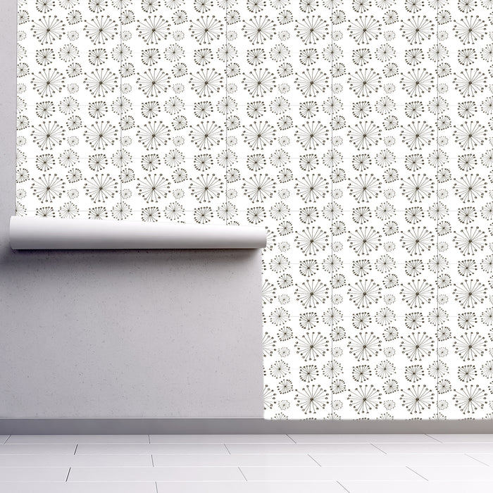 Garden Symphony charcoal tones of starbursts on white background, Custom Wallpaper Design