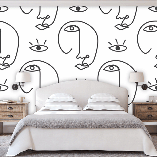 Facial Figures mural has illustrated faces and eyes on white background, Custom Wallpaper Design