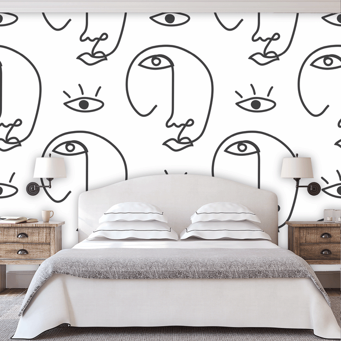 Facial Figures mural has illustrated faces and eyes on white background, Custom Wallpaper Design