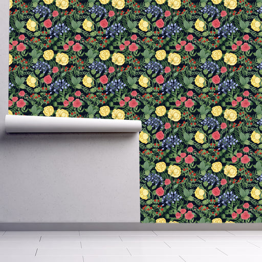 Blooming Beauty wallpaper with yellow and pink roses and green leaves on black background, Custom Wallpaper Design